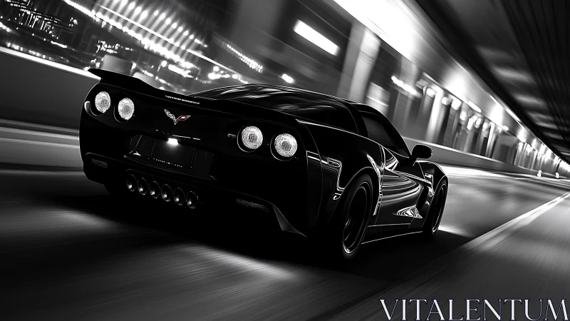 Midnight sports car racing through illuminated tunnel.