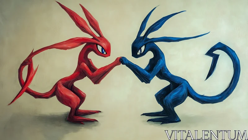 Elemental red and blue creatures lock hands in tension.
