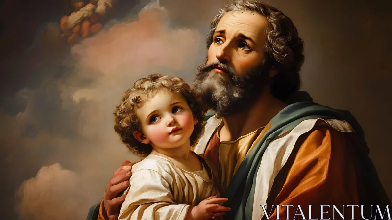 Tender father and child gaze upward in soft golden light