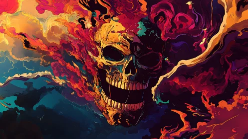 Flaming skull dissolving into swirling neon stormscape.