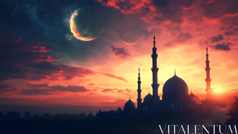 Fantasy crescent moons above glowing mosque skyline at dusk.