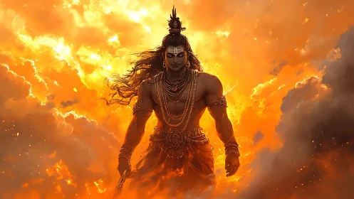 Divine warrior deity strides through blazing golden clouds.