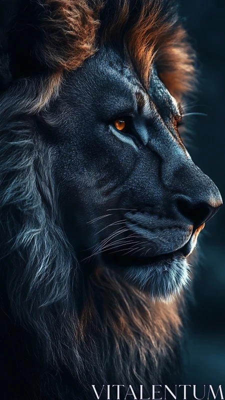 Side-profile chromatic lion study in cinematic chiaroscuro.