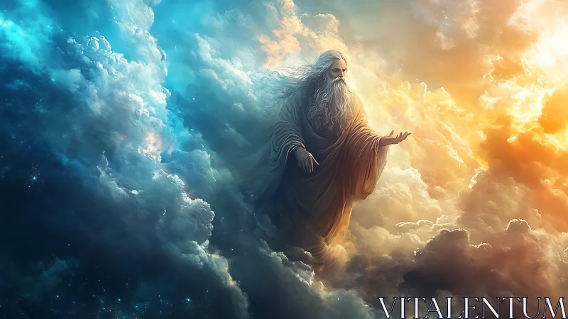 Ethereal robed figure in dramatic glowing storm clouds.