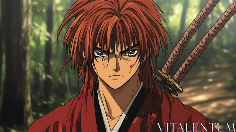 Anime swordsman stands in forest environment with dual blades