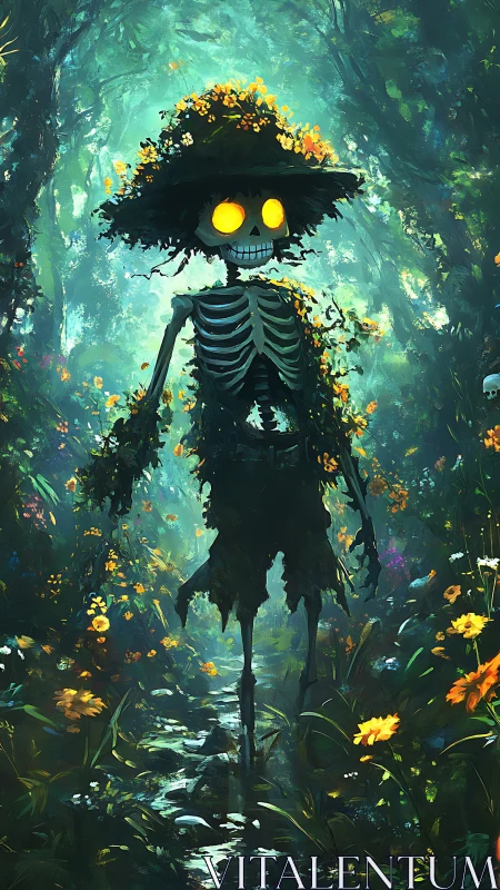 Skeleton scarecrow with glowing eyes stands in overgrown forest