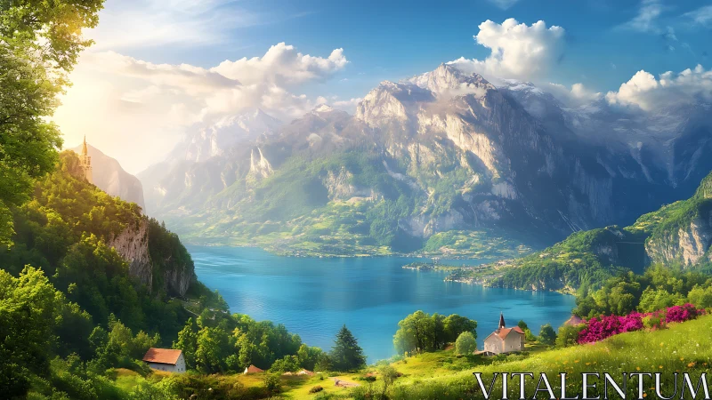 Luminous alpine lake basin with hyper-detailed mountain relief.