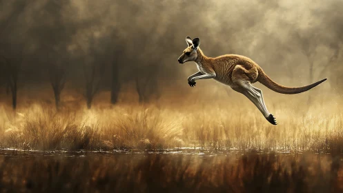 Kangaroo bounds through golden grassland at misty dawn.