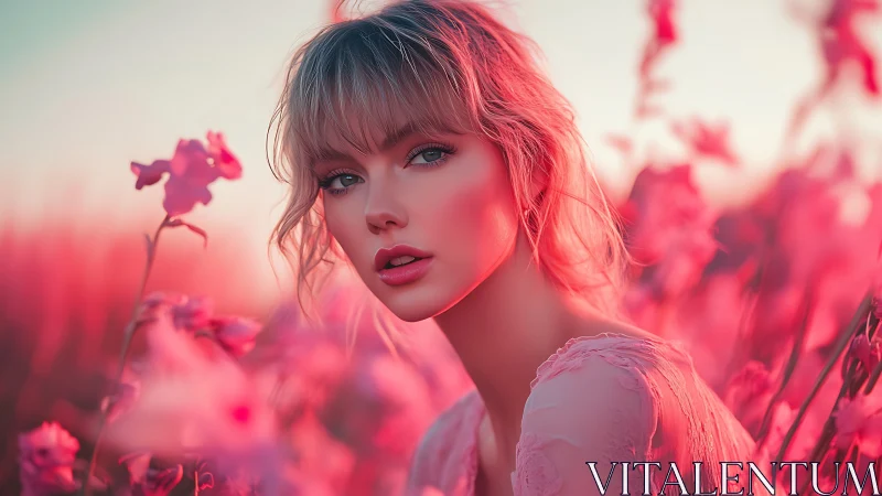 Blushing dusk crowns a serene muse in neon wildflowers