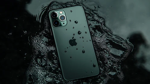 iPhone Pro immersed in water with droplets and fluid dynamics surrounding device.