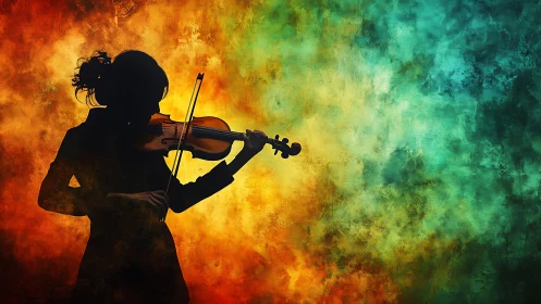Silhouette of violinist against textured color gradient background.