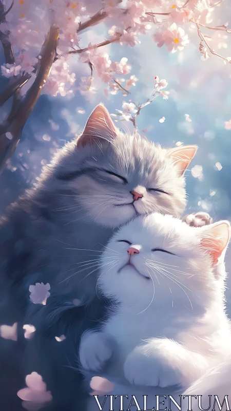 Two Fluffy Cats Sharing a Peaceful Moment Under Cherry Blossoms