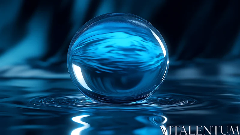 Luminescent blue water sphere resting on liquid ripples.