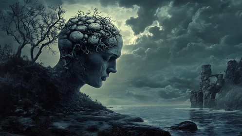 Surreal stone head fused with shoreline under storm sky.