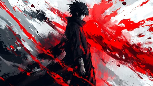 Solitary anime figure amid explosive red and monochrome brushwork