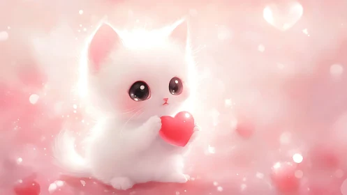 White cat holding red heart against soft pink background