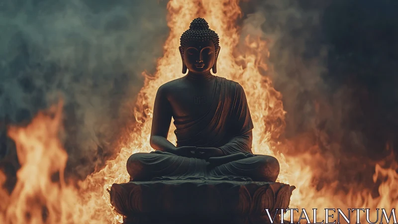 Buddha figure with fire background in meditation pose.