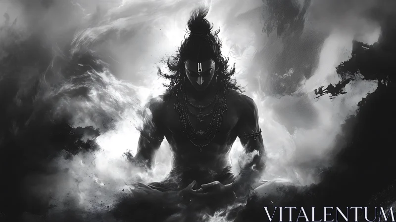 Divine yogic figure in monochrome ethereal smoke composition.