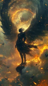 Winged celestial silhouette amid molten halo and embers.
