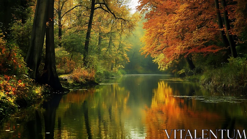 Autumnal riparian corridor with high-saturation canopy reflections.