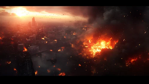 Apocalyptic cityscape consumed by catastrophic fire and chaos.