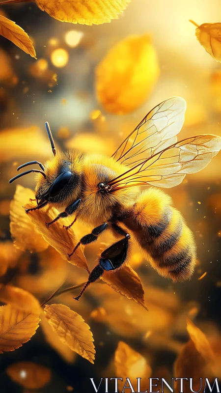 Macro digital rendering of honeybee among golden leaves.