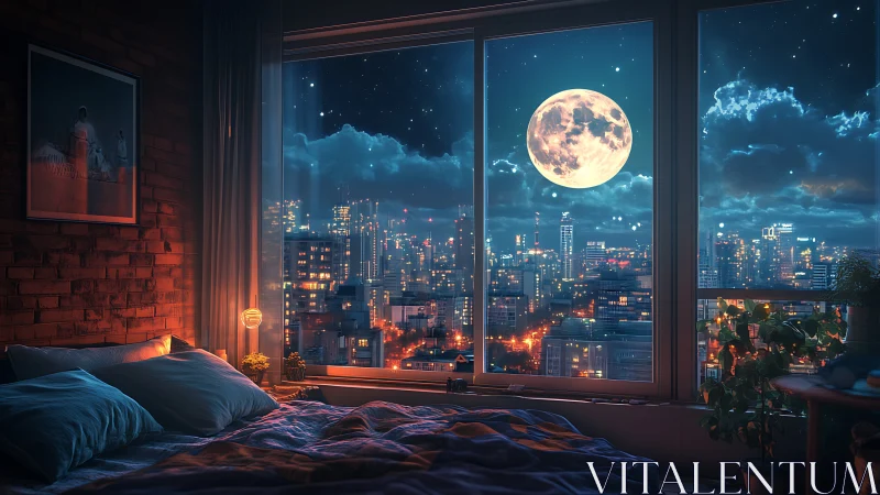 Bedroom interior overlooks illuminated city under full moon
