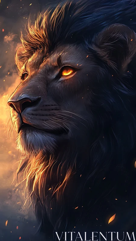 Digital painting profile of a lion with fiery rim lighting.