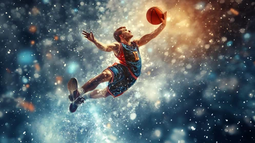 Basketball player soars through glowing cosmic arena sky