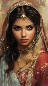 Regal portrait of jeweled woman in ornate sari finery.
