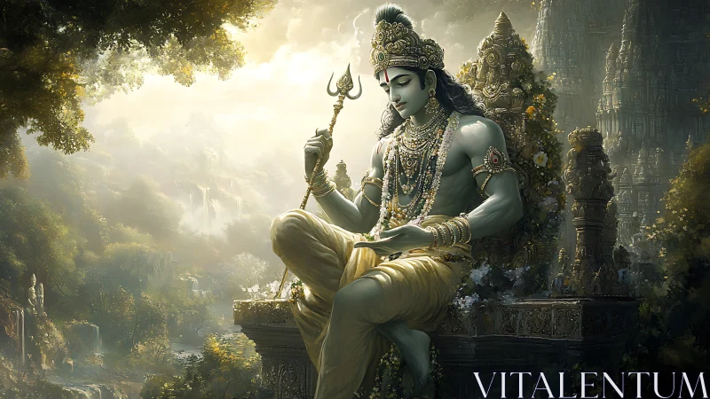 Seated crowned deity holds trident amid ornate temple ruins