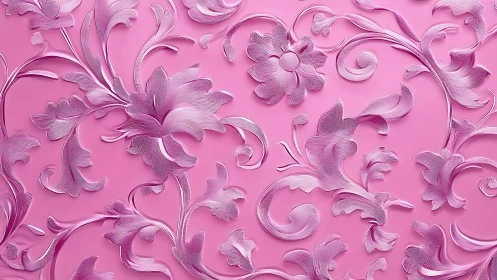 Embossed floral swirls shimmer across glossy pink background.