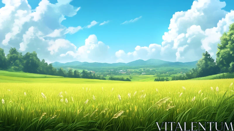 Vast green field extends toward distant tree line and hills