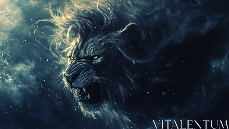 Stormlit lion spirit roars fiercely through swirling night sky