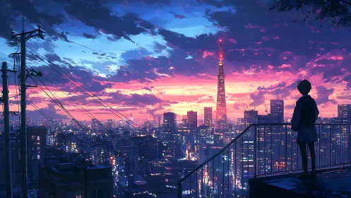 Teen silhouette overlooks neon city under electric sunset.