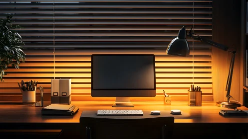 Modern desktop computer on tidy wooden office desk at night.