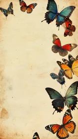 Colorful butterflies drift across vintage parchment space.