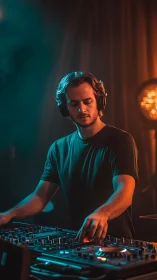 Softly glowing DJ at the decks, crafting a night of sound.
