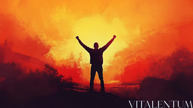 Silhouette of standing figure before vivid orange light.