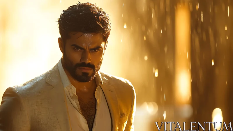 Male subject in wet light-toned suit under strong backlighting