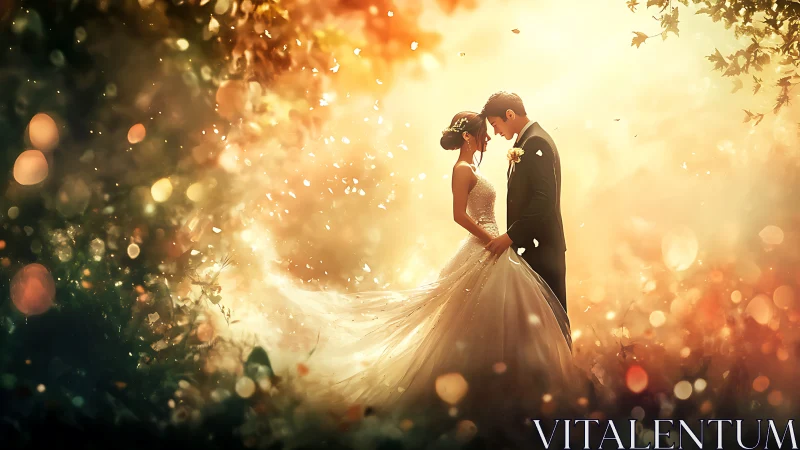 Sunlit forest wedding dream wrapped in golden flurries.