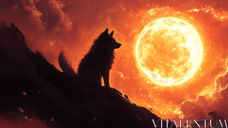 Solarstorm sentinel wolf waits beneath a burning sky