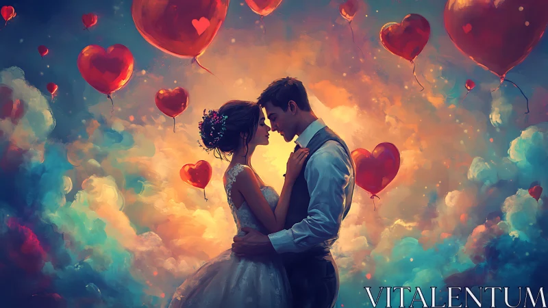Couple Embracing Among Heart-Shaped Balloons.