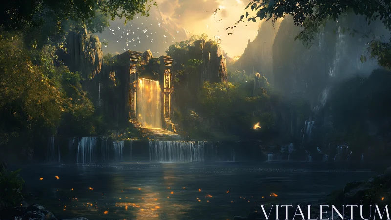 Golden waterfall gate illuminates a hidden mystical valley.