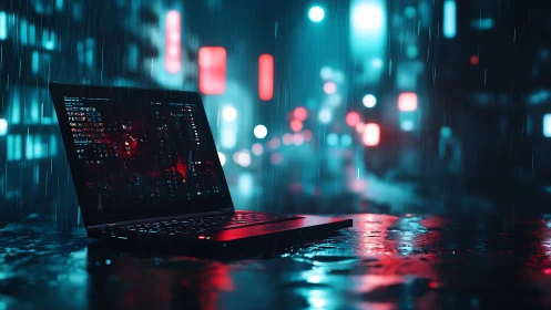 Cyberpunk laptop on neon street under cinematic rain lighting.