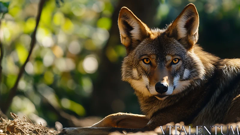 Golden-eyed forest coyote resting softly in sunlit calm.