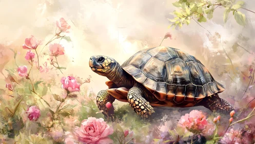 Tortoise walking through pink flower garden in soft light.