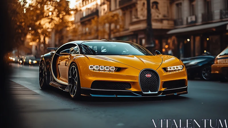 Yellow hypercar glides through warm-lit European city street