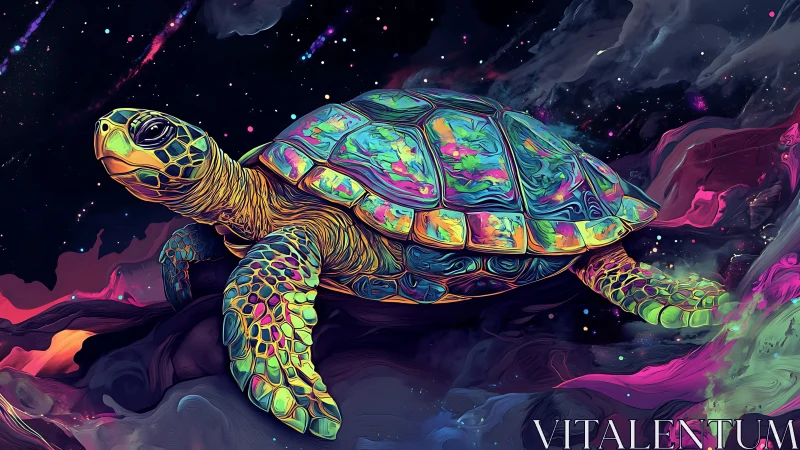 Chromatic cosmic turtle drifting through iridescent nebulae