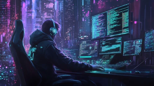 Neon-lit cyber hacker at multi-screen rig in dense megacity.